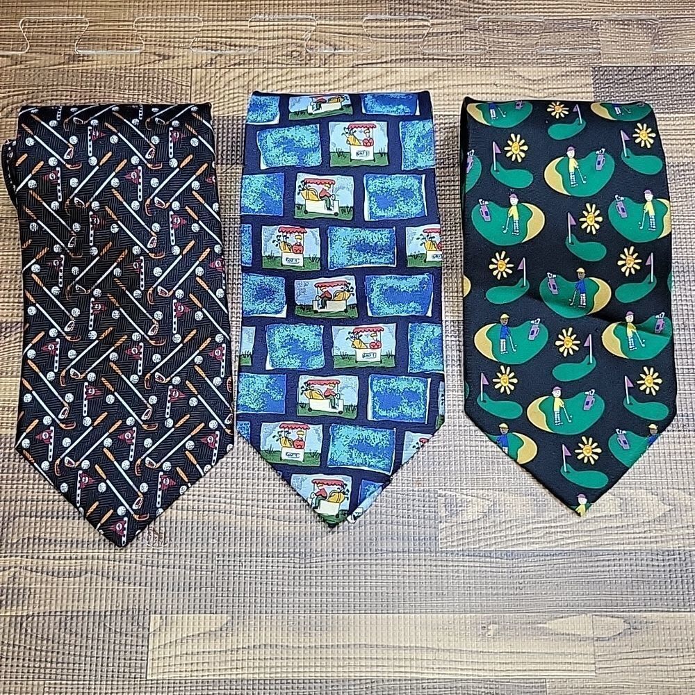 Bundle of 3 Golf Print Ties All 100% Silk